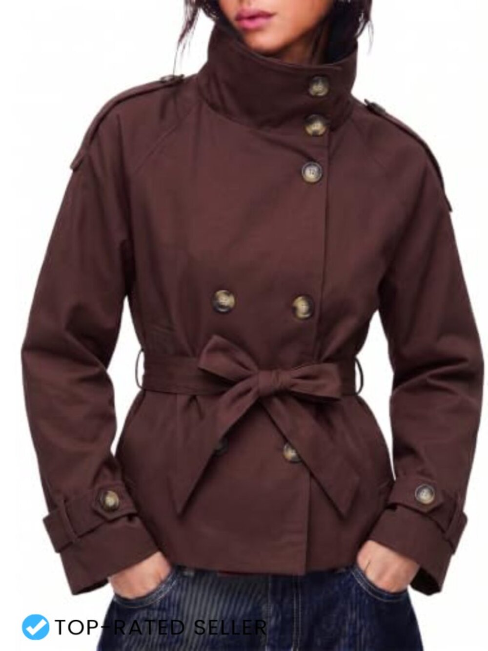 Cropped Trench Coat Double Breasted High Neck Button Front Belted Jacket